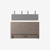 A wooden headboard with a gray, three-panel fabric cushion above it, mounted on four metal brackets against a plain white background.