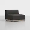 A modern, armless lounge chair with dark charcoal upholstery and a low, light wood base, set against a plain white background.