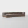 A modern, L-shaped sectional sofa with brown upholstery and a wooden base, placed in a minimalistic, bright setting with a plain light gray floor and background.