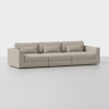 A modern, light beige three-seat sofa with square arms and three back cushions, set against a plain white background. The sofa has a minimalist design with clean lines and matching lumbar pillows.