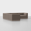 A modern, L-shaped sectional sofa upholstered in brown fabric with a low back and deep seats, set against a plain white background on a smooth, light-colored floor.
