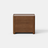 A modern wooden nightstand with two drawers, featuring a smooth finish and clean lines, set against a plain white background.