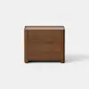 A modern wooden nightstand with two drawers, featuring a smooth finish and clean lines, set against a plain white background.