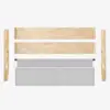Disassembled wooden bed frame with two side rails, two end rails, and a light gray upholstered headboard, all arranged neatly on a white background.