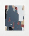Abstract painting with bold blocks of slate blue, black, beige, maroon, and off-white on a square canvas, featuring overlapping geometric shapes and rough, textured edges.