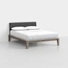 A modern bed with a wooden frame, gray upholstered headboard, white mattress, and two white pillows, set against a plain white background.