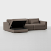 A modern brown sectional sofa with a chaise lounge, featuring an open storage compartment under the chaise. The background is plain white.