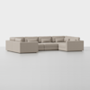 A modern, light beige sectional sofa with three segments arranged in an L-shape, featuring straight arms, plush seat cushions, and several matching back and side pillows, placed on a plain white background.