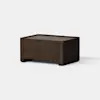 A modern, rectangular wooden coffee table with a dark brown finish, smooth surfaces, and rounded corners, placed on a light gray floor against a plain white background.