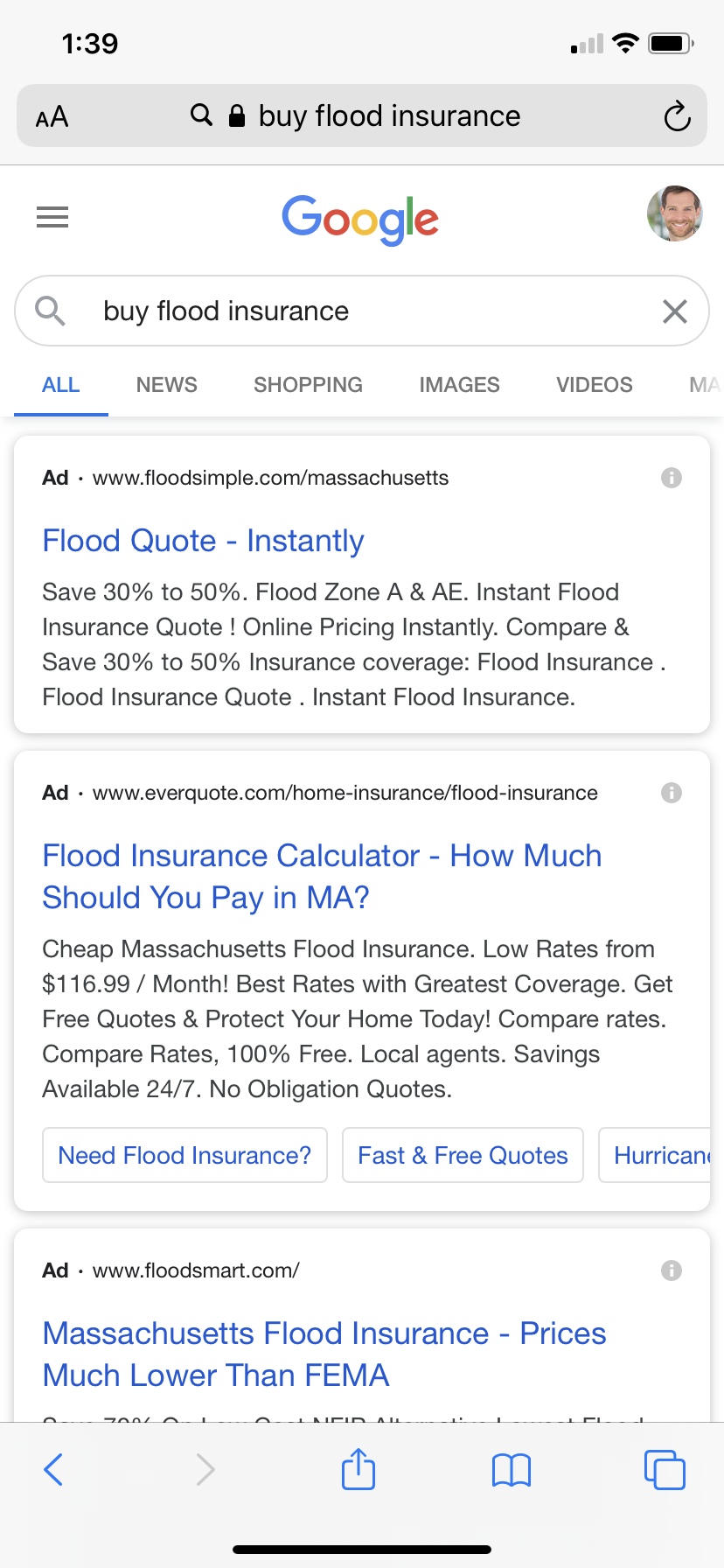 Flood insurance PPC ads on Google