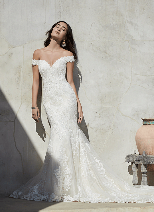 white lace off the shoulder wedding dress