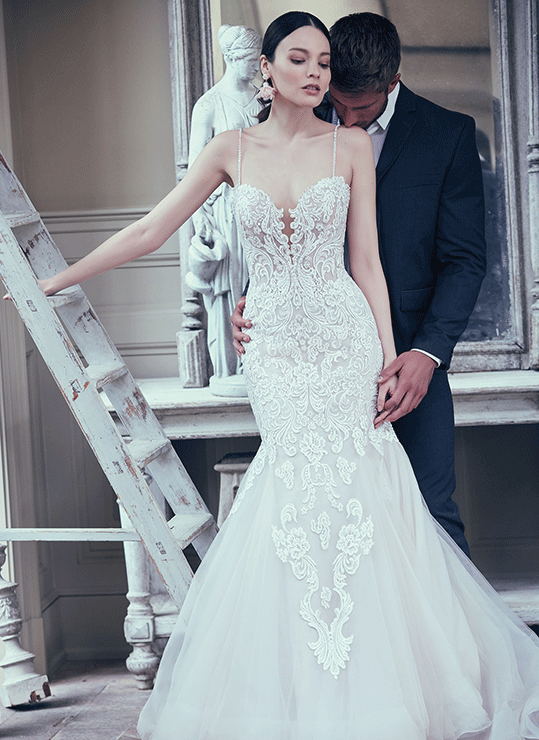 blush lace mermaid wedding dress