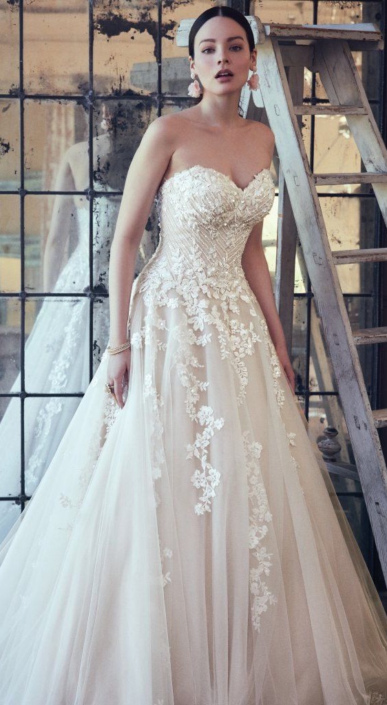 Floral Lace Embroidered Strapless Ball Gown Wedding Dress With