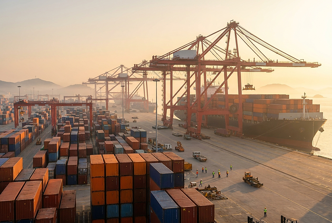 Containerhafen in China – Frachtschiff und Ladebrücken vor dem Chinesischen Neujahr