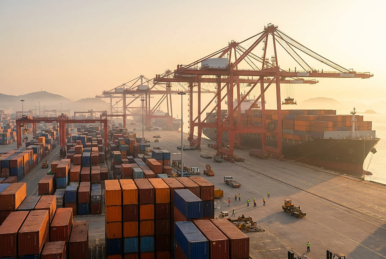 Containerhafen in China – Frachtschiff und Ladebrücken vor dem Chinesischen Neujahr