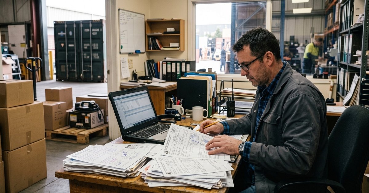 Buyer Reviewing Customs and Freight Documents in a Warehouse Office