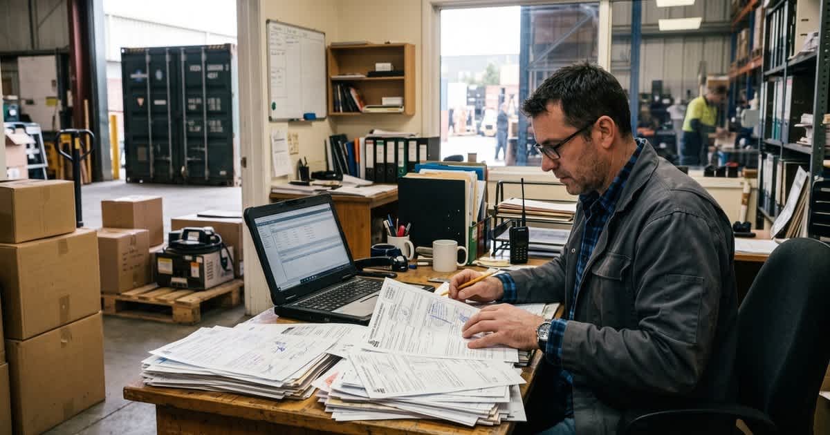 Einkäufer prüft Zoll- und Frachtdokumente im Lagerbüro