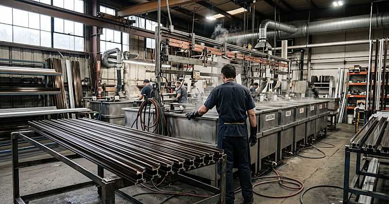 Finisher Checking Anodized Aluminum Profiles at a Production Facility