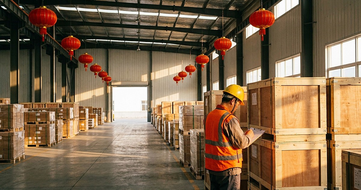 Chinese New Year 2027 – warehouse worker checking export crates with red lanterns