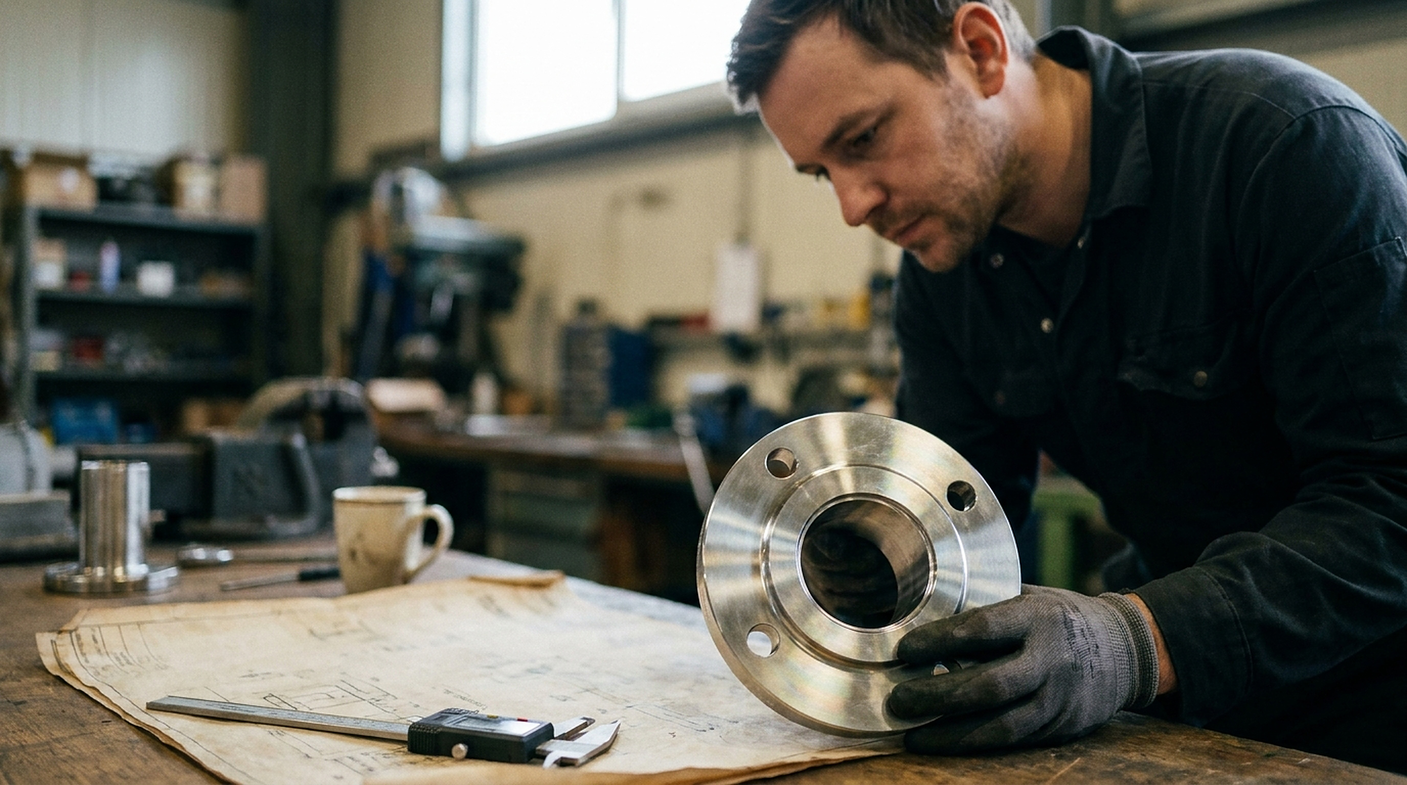 Einkäufer prüft Materialzertifikat für Edelstahlbauteile