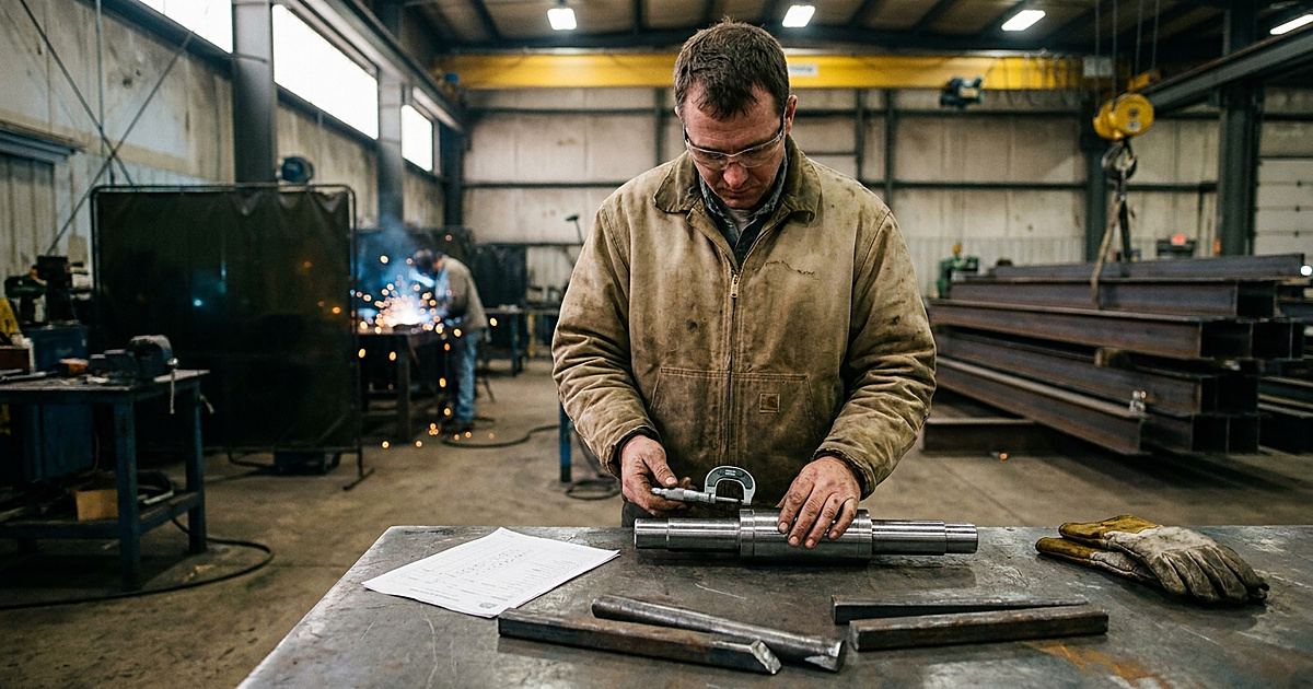Quality inspector measuring a steel round bar with calipers in a fabrication workshop