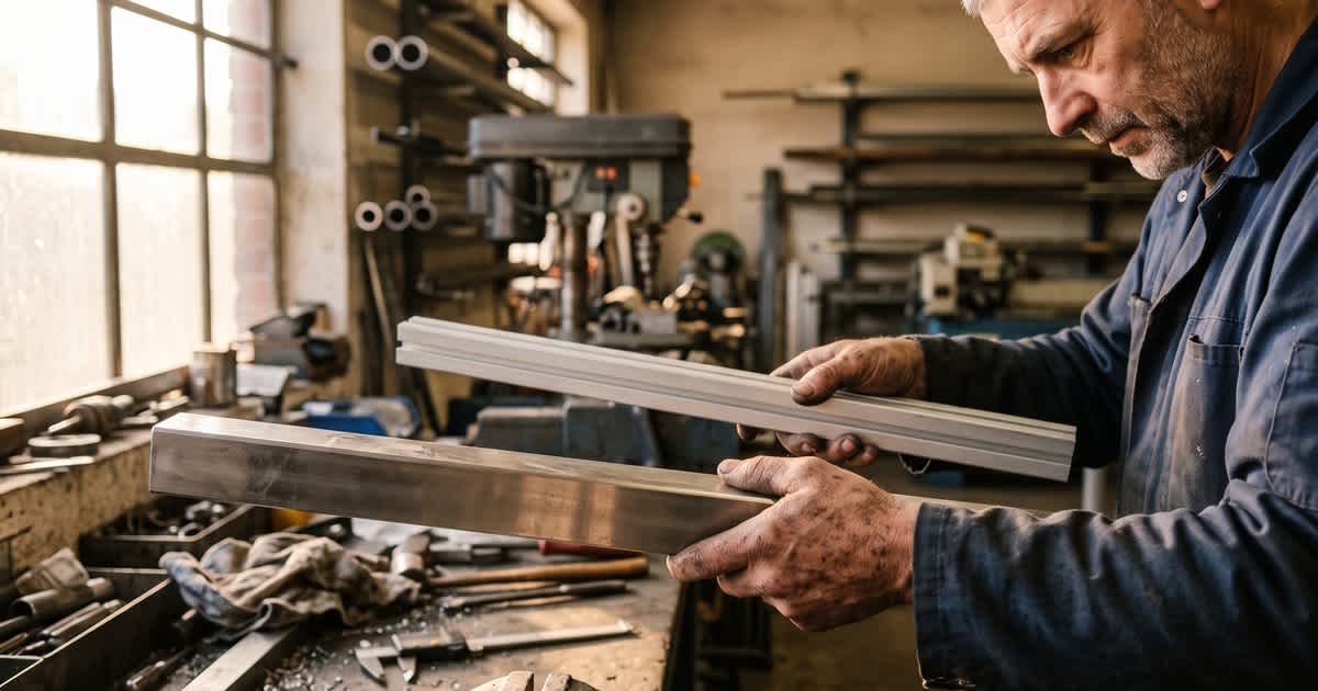 Craftsman Comparing an Aluminum Profile and a Stainless Steel Flat Bar in the Workshop