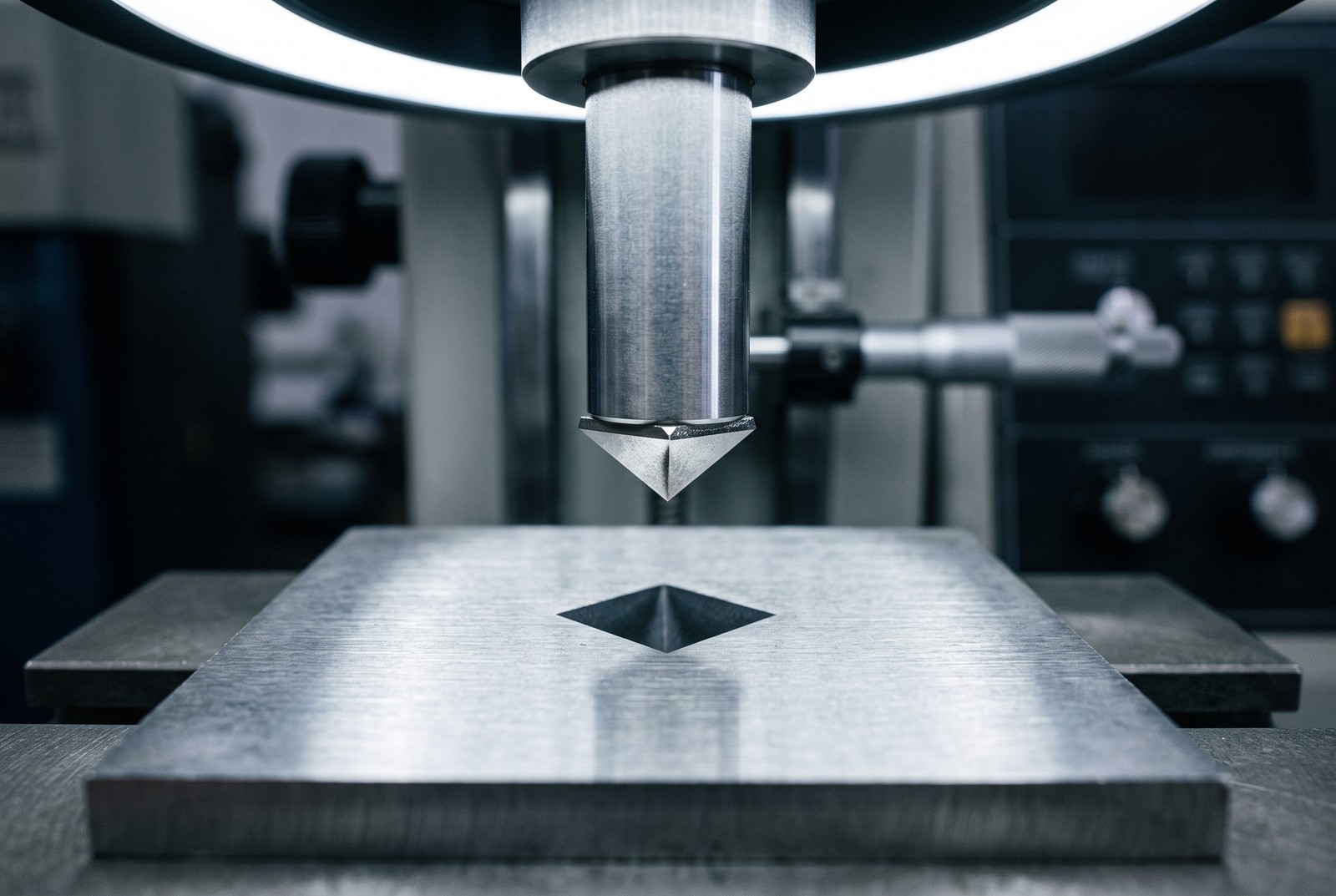 Diamond pyramid indenter above the square impression left in the specimen surface