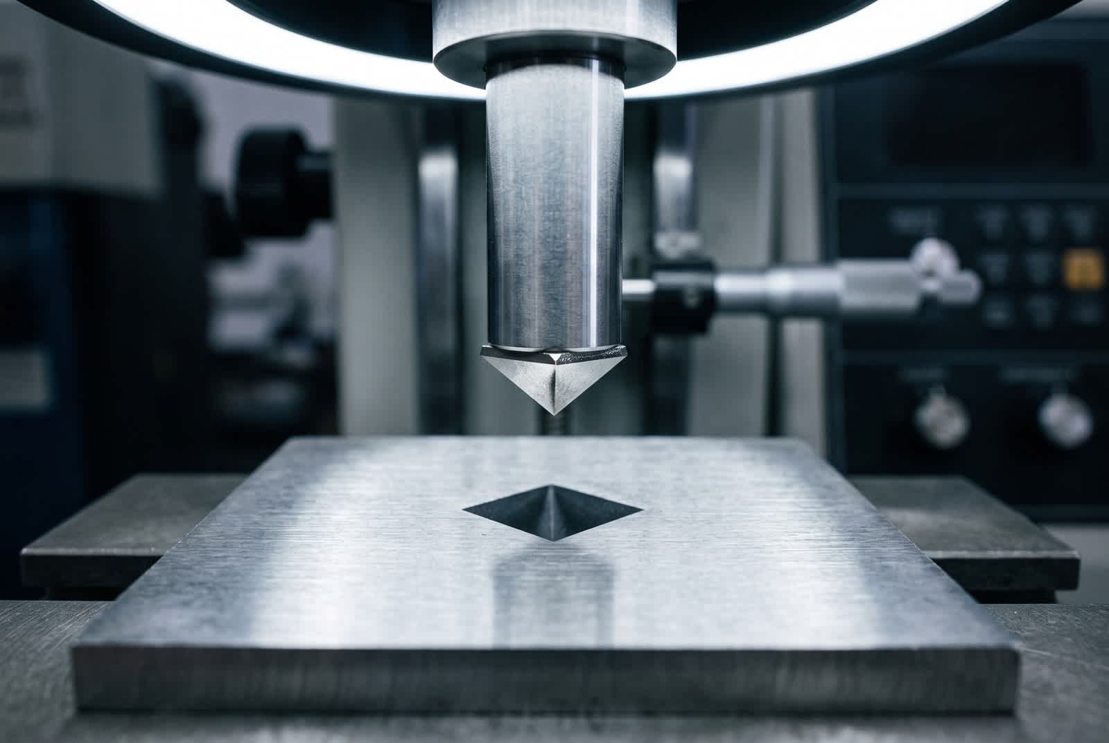 Diamantpyramide über dem quadratischen Eindruck in der Probenoberfläche