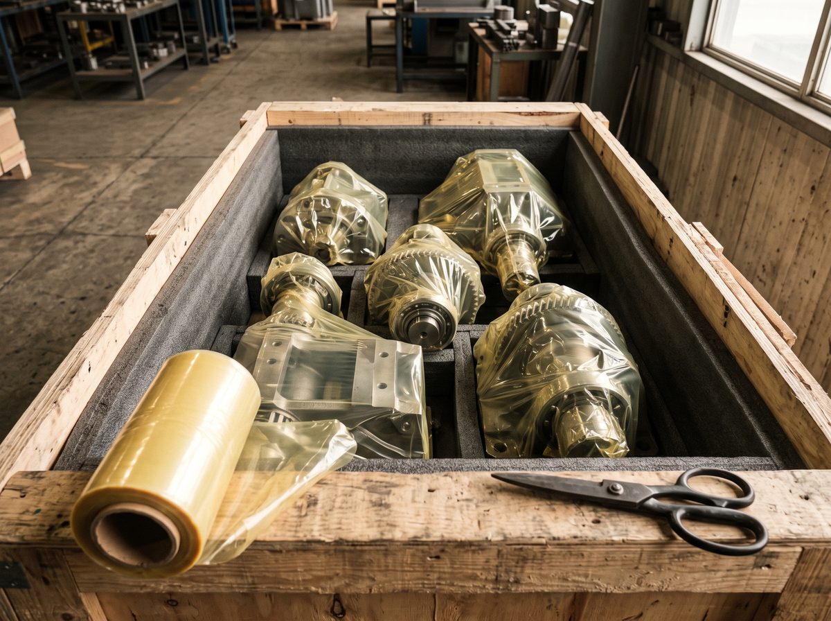 In VCI-Folie verpackte Bauteile in einer geöffneten Exportkiste