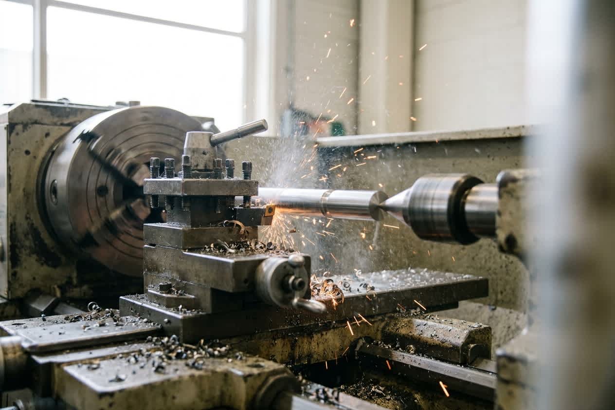 Drehen eines Stahlwerkstücks mit Funkenflug an einer CNC-Drehmaschine