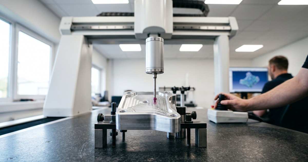 Probe Tip of a Bridge-Type Coordinate Measuring Machine Contacting an Aluminum Part on the Granite Measuring Table