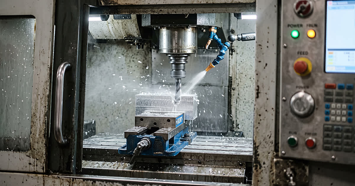 CNC-Fräsmaschine bearbeitet einen Aluminiumblock