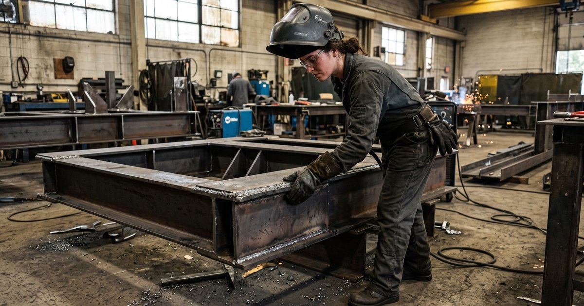 Welder Inspecting a Fresh Weld Seam on a Steel Frame