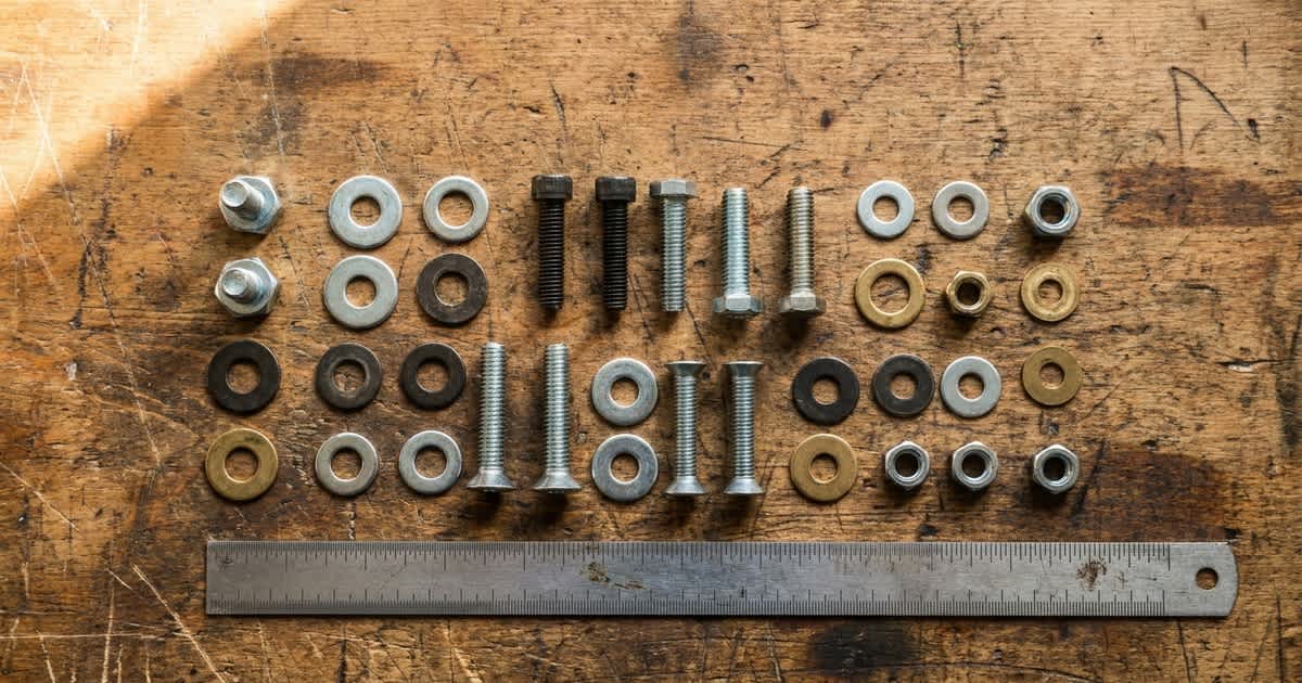 Sorted Screws, Nuts, and Washers of Various DIN Standards on a Workbench