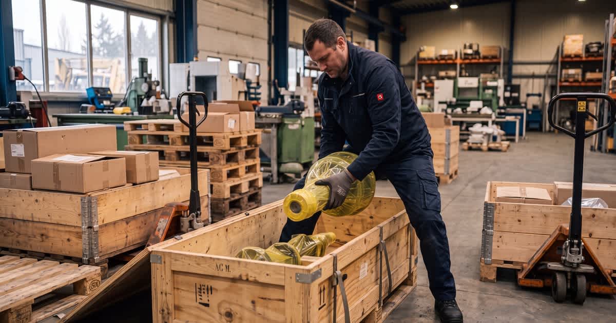 Worker Packing a Component with VCI Film into an Export Crate