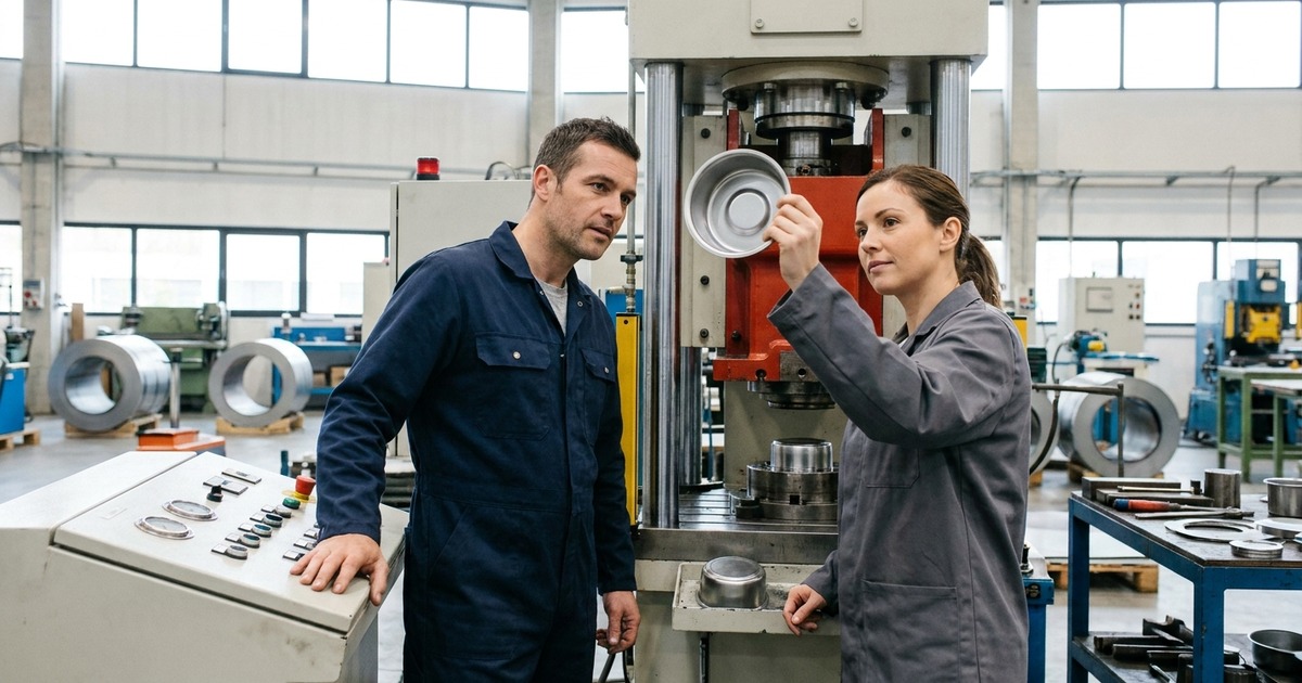 Zwei Kollegen begutachten gemeinsam ein frisch tiefgezogenes Bauteil an der Presse