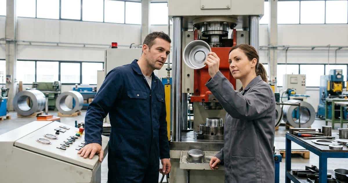 Two Colleagues Jointly Examining a Freshly Deep-Drawn Part at the Press