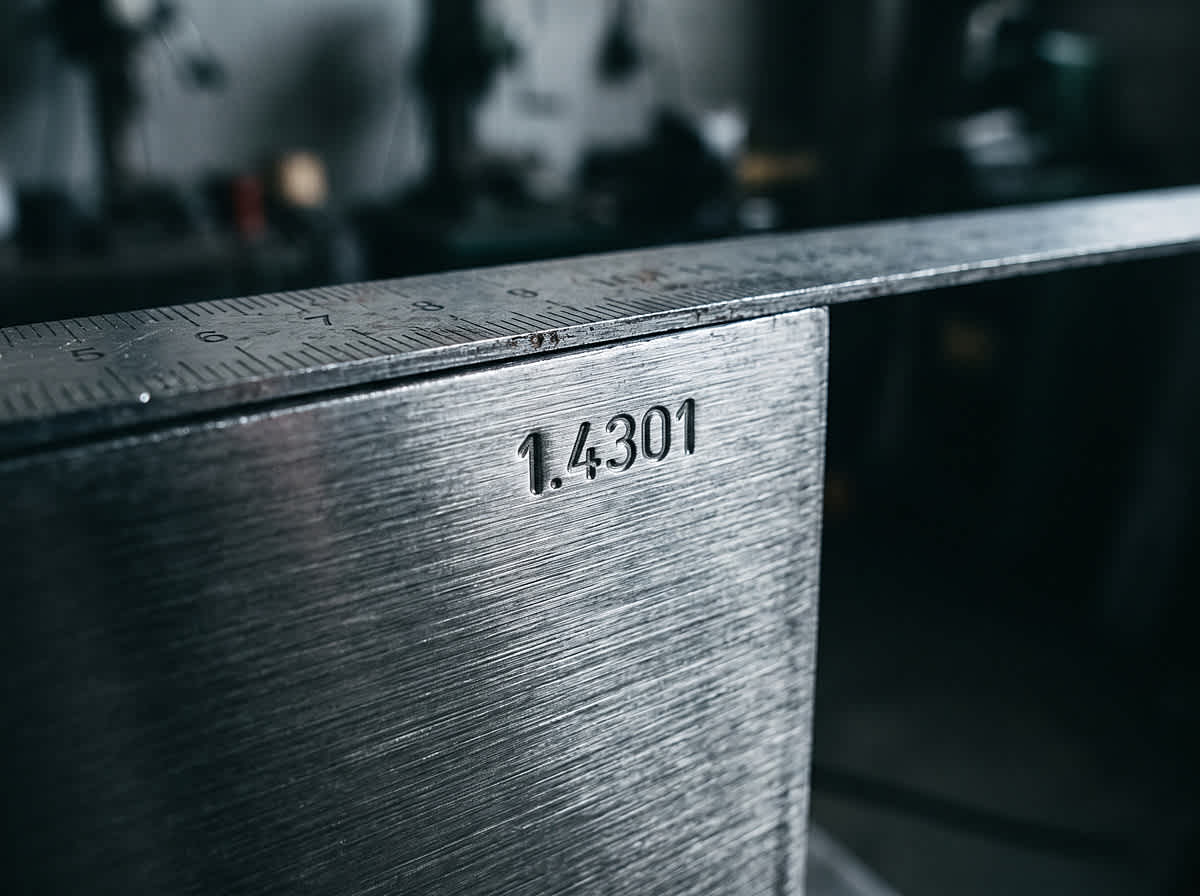 Stamped Material Number 1.4301 on a Stainless Steel Sheet