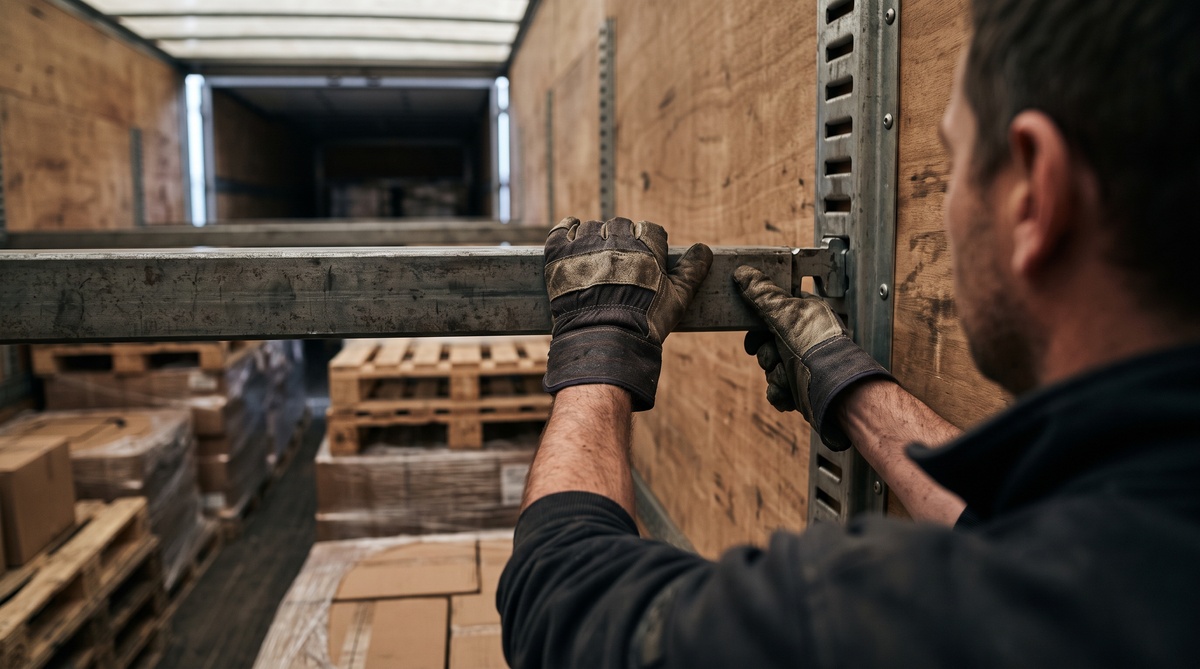 Height-Adjustable Load Beam Being Locked into a Truck Trailer's Bracket Rail