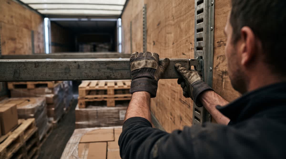 Height-Adjustable Load Beam Being Locked into a Truck Trailer's Bracket Rail
