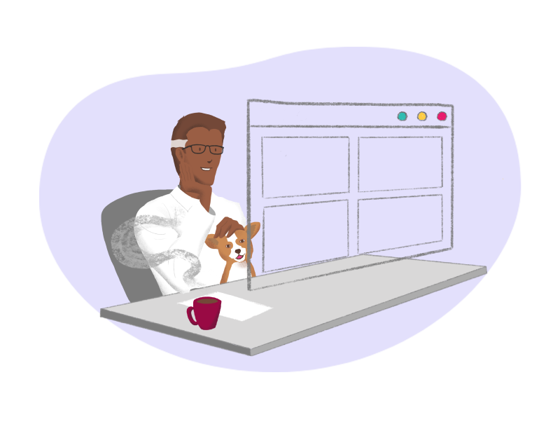 illustration of a man holding his dog while seated at his desk