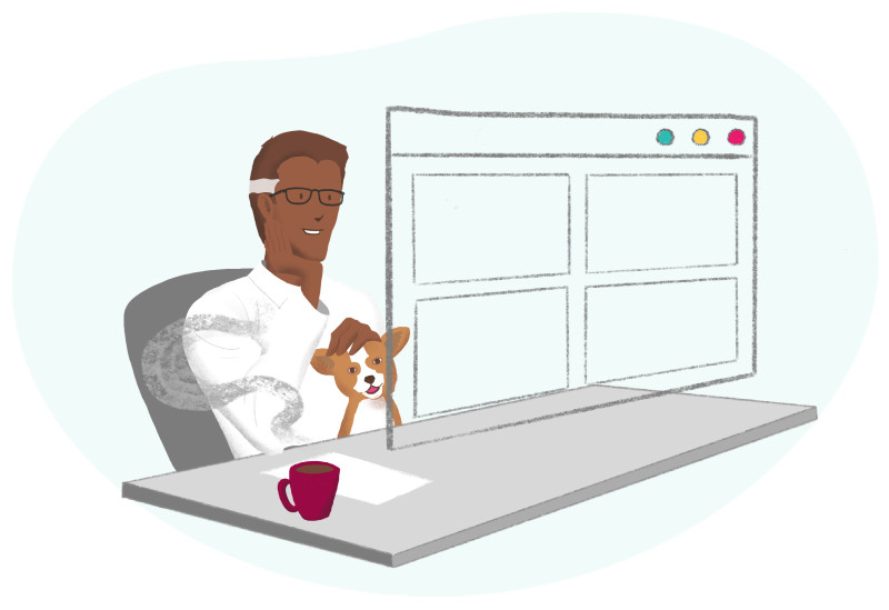 illustration of a man at his desk petting his dog