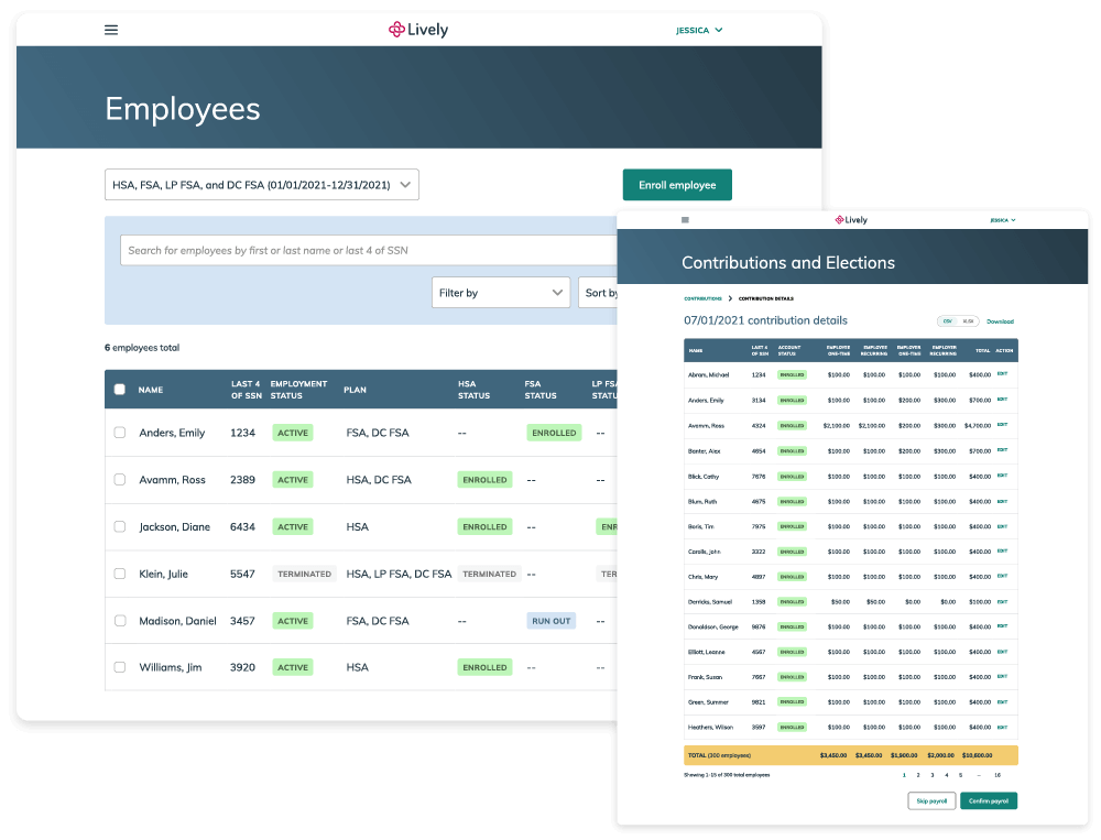 screenshot of employee contributions and elections on lively