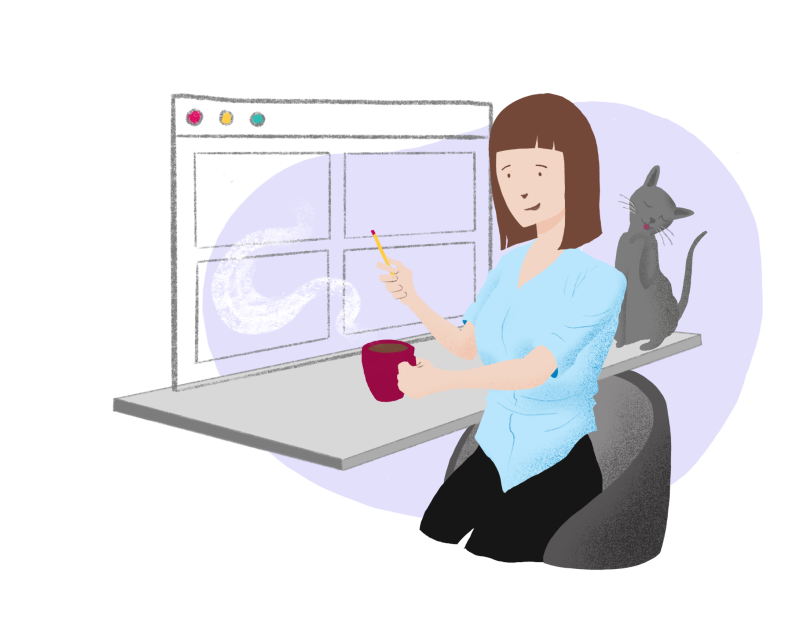 illustration of a woman at her desk with a coffee mug