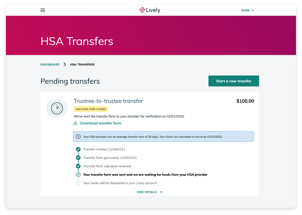 screenshot of pending transfers in Lively platform