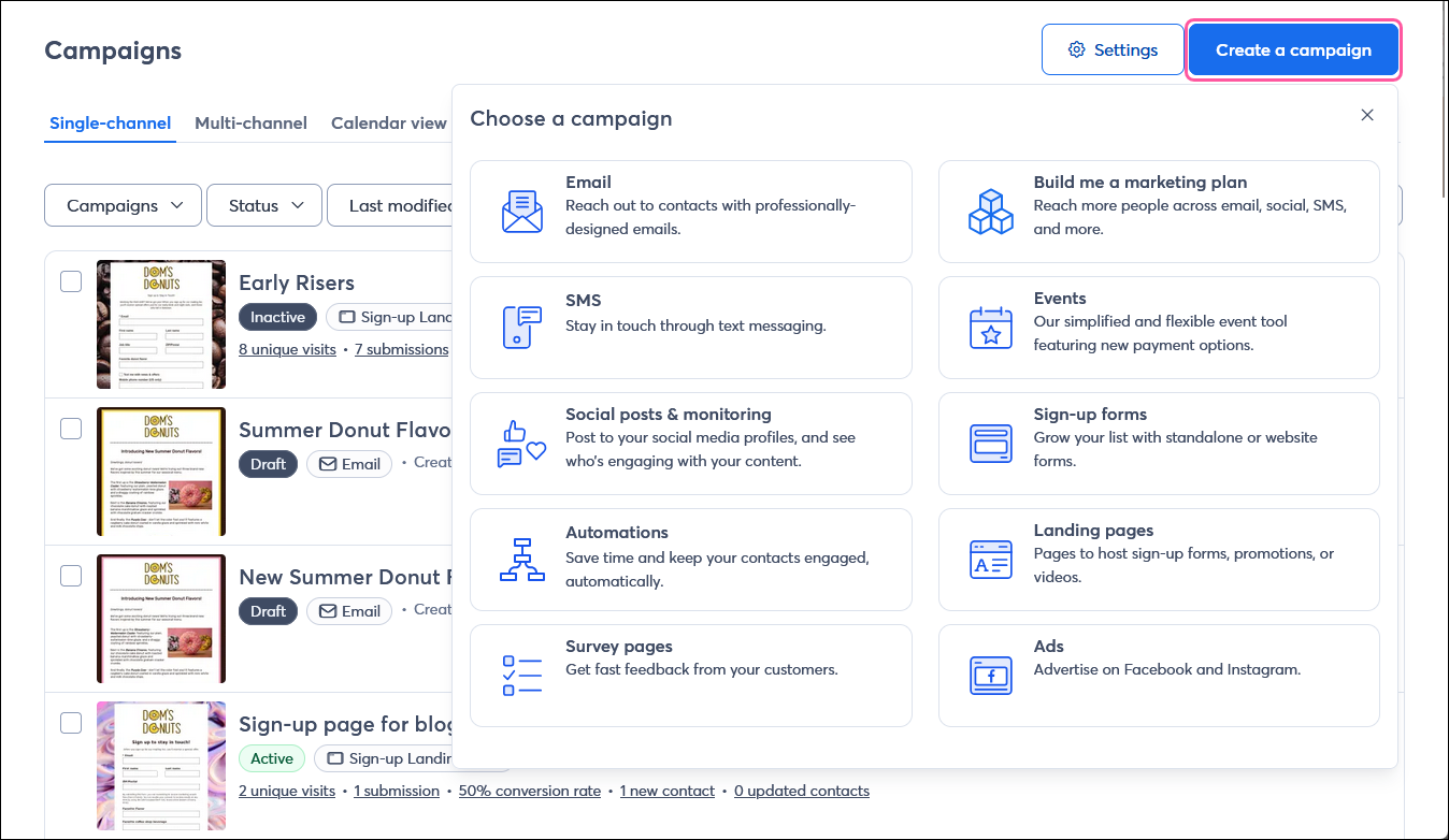 Campaigns page with Create a campaing button and menu expanded