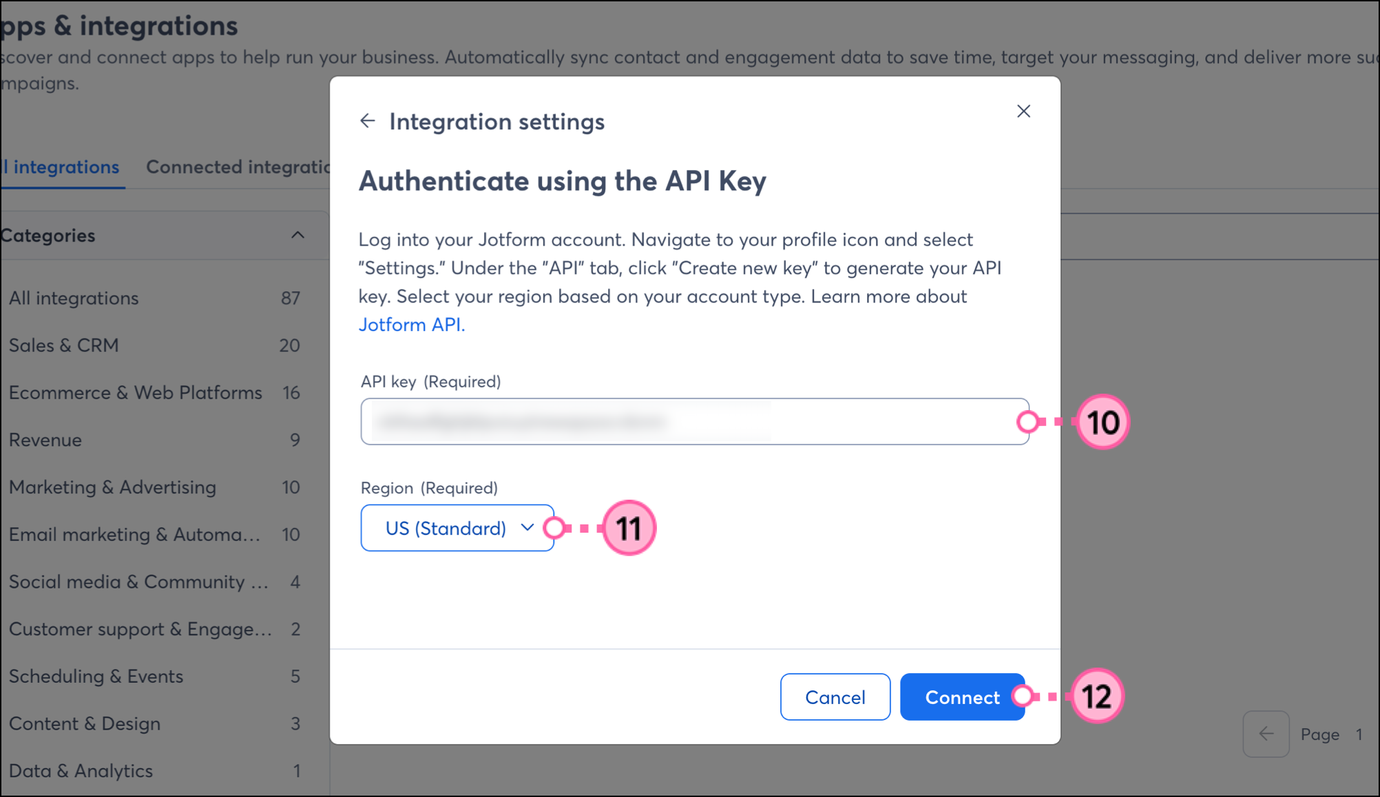 Jotforms connection popup form with API Key field, Region dropdown and blue Connect button