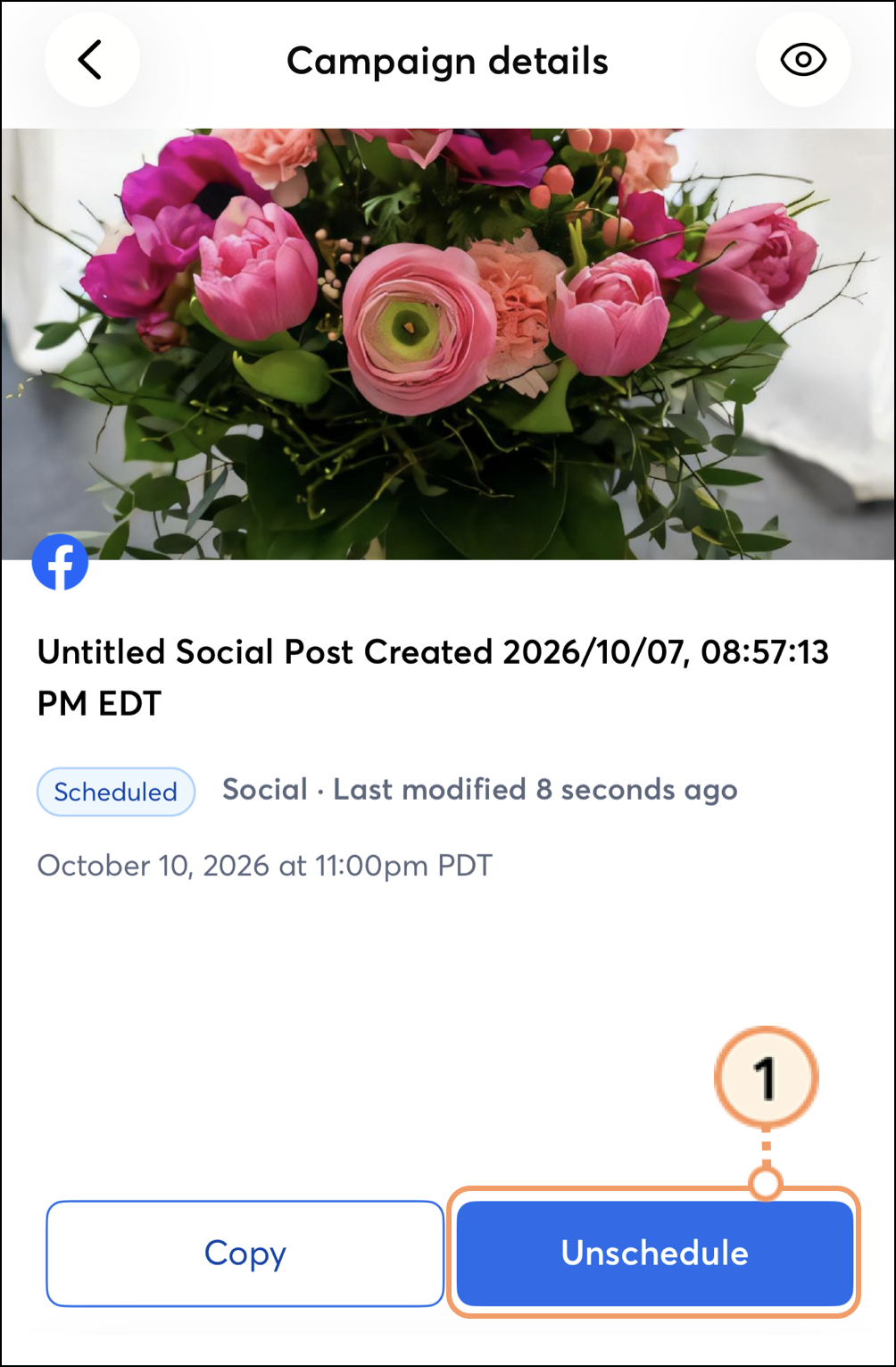 Unschedule button below social post title and details