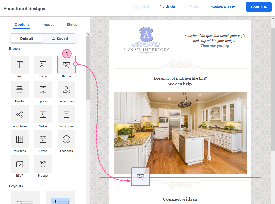 Email editor Content tab, Button block drag-and-drop into the template with guideline visible
