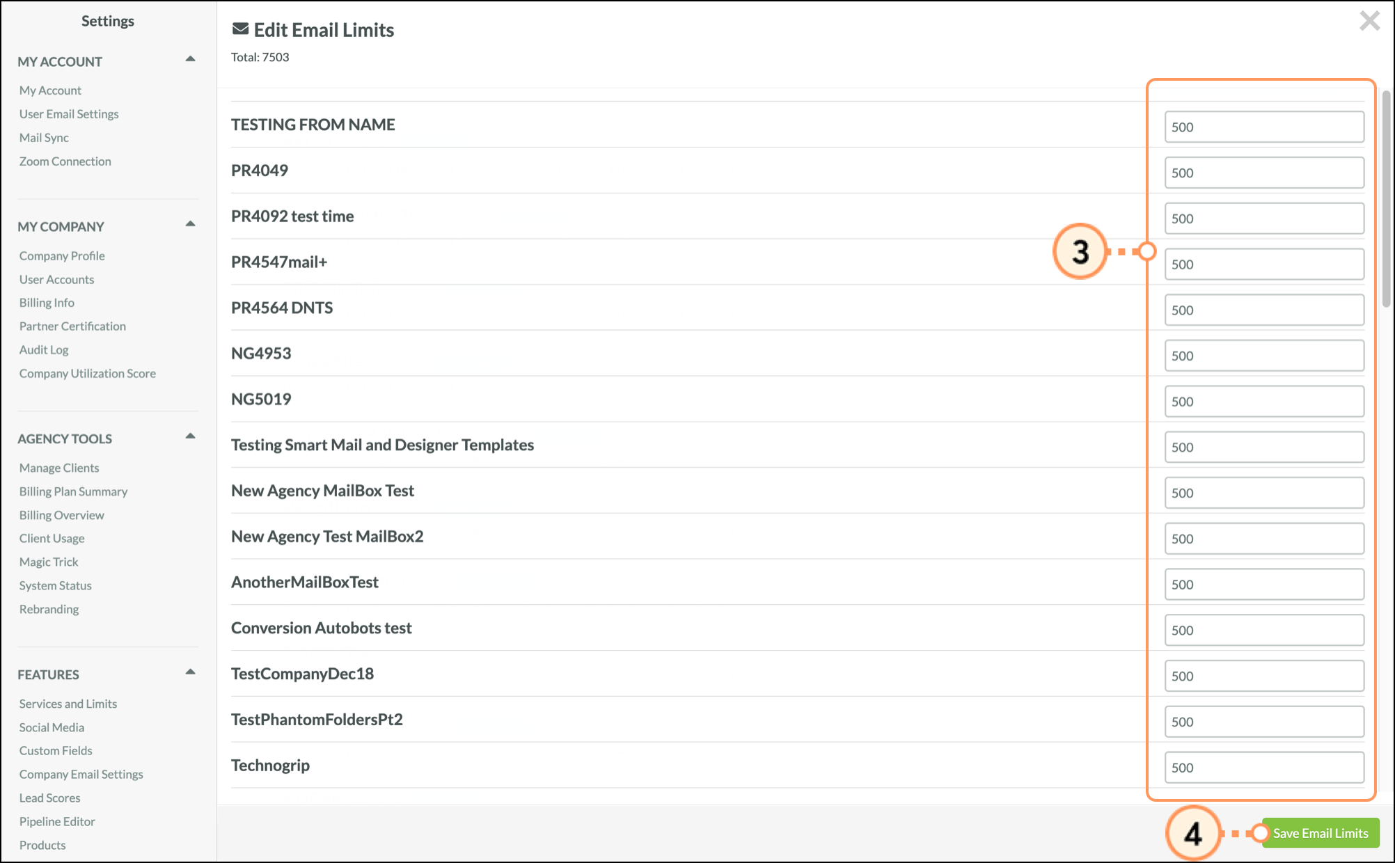 Rows of fields to set email limits above Save Email Limits button